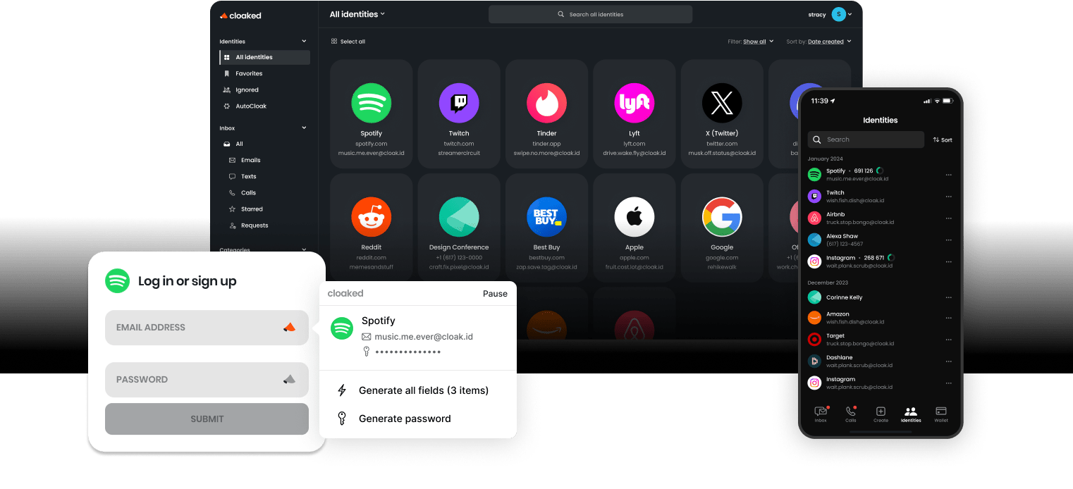 Screens showing Cloaked app interface with a dashboard of various app identities, a login form with Spotify credentials, and a mobile view of saved identities list.
