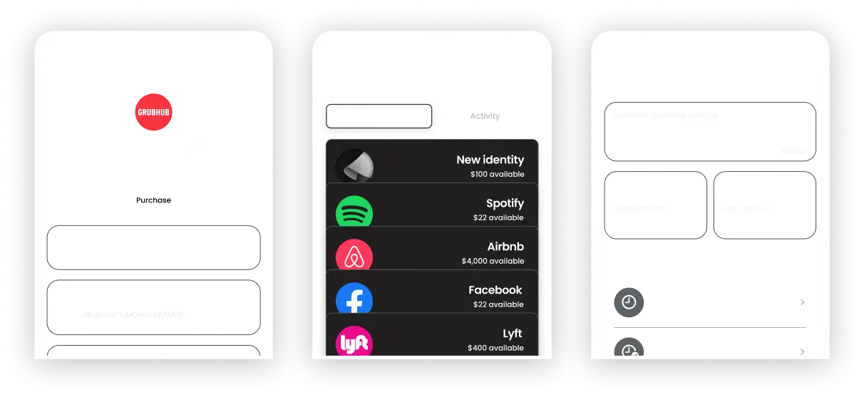 Three mobile app screens showing a digital wallet interface with branded virtual cards for Grubhub, Spotify, Airbnb, Facebook, and Lyft, each displaying available balances.
