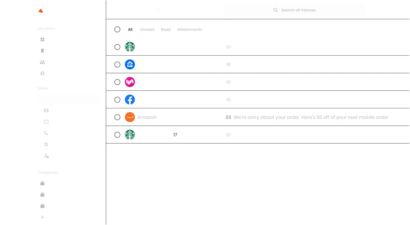 Email inbox interface showing messages from Starbucks, Zillow, Lyft, Facebook, Amazon with a promotional message, and Starbucks again, with options to filter by All, Unread, Read, and Attachments.