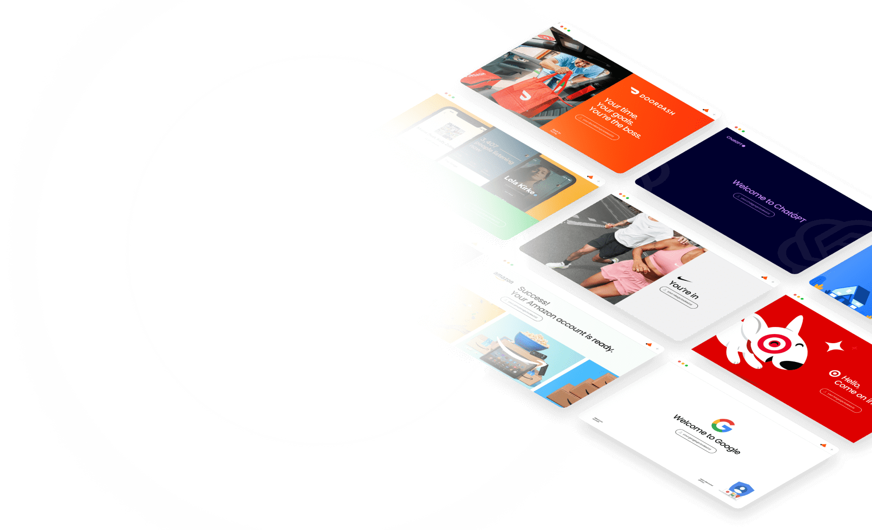 Tilted view of multiple browser windows showing various brands and services including DoorDash, ChatGPT, Nike, Amazon, Target, and Google.