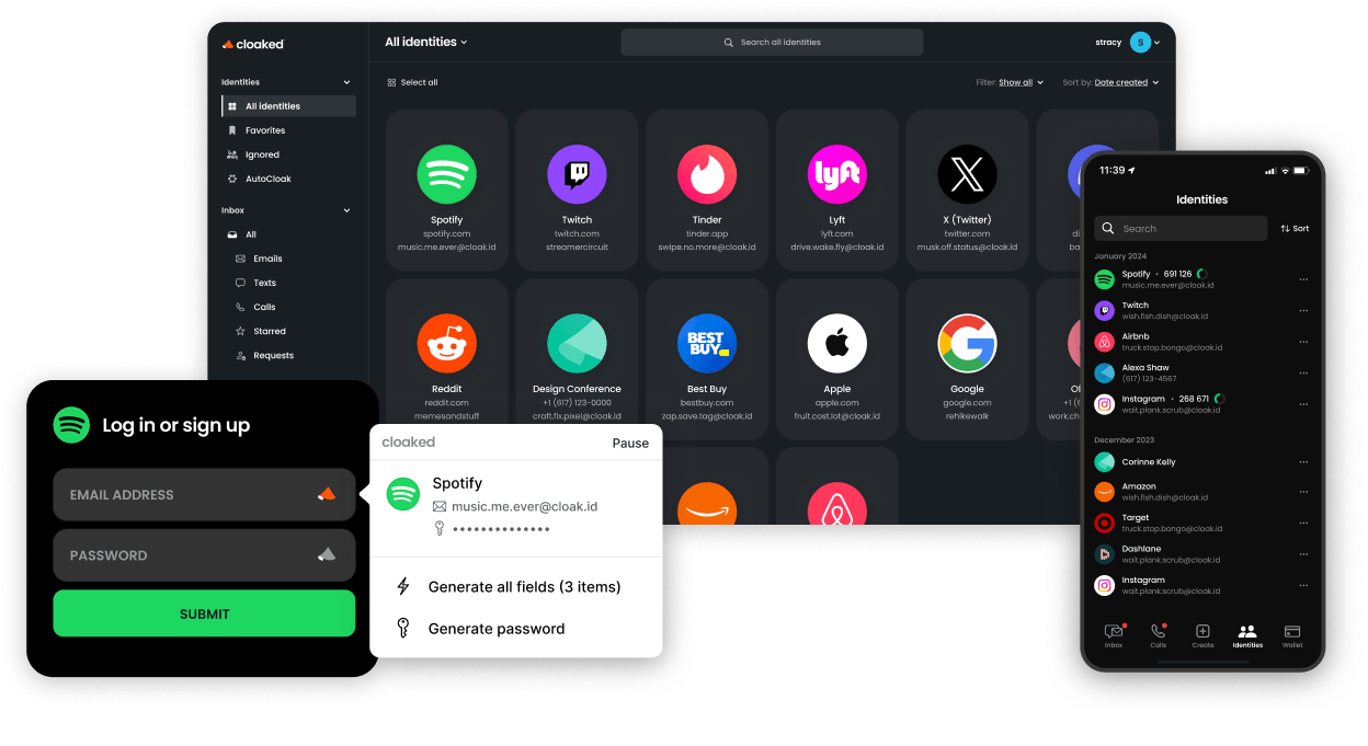 Cloaked password manager interface showing a desktop view with multiple identity cards of apps like Spotify, Twitch, and Reddit, a login form with email and password fields, a password generation pop-up for Spotify, and a mobile app screen listing saved identities and associated details.