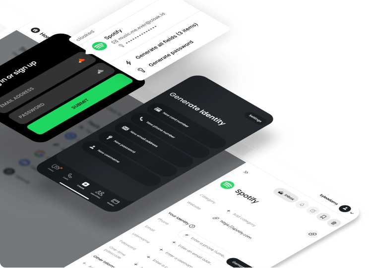 User interface screens showing password manager features including login form, identity generation with fields for card number, phone, email, password, username, and Spotify login details.