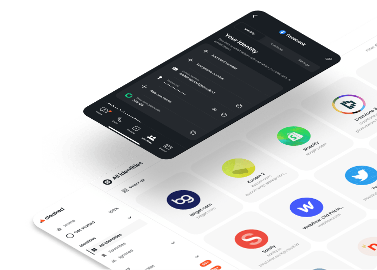 User interface displaying a dark mode identity management screen for Facebook overlapping a light mode dashboard of multiple digital service icons and identities.