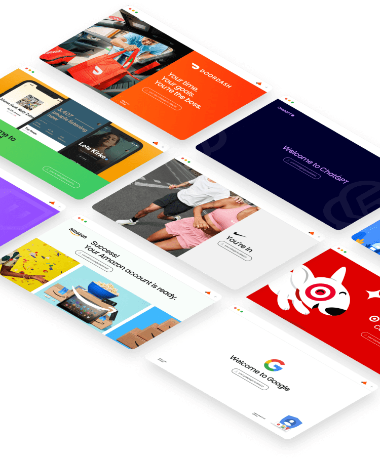Multiple angled screens displaying welcome messages from DoorDash, ChatGPT, Amazon, Nike, Target, Google, and Spotify apps.