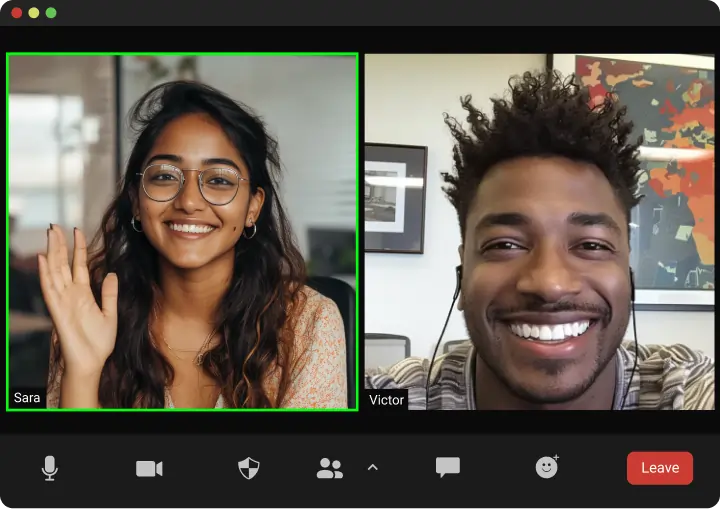 Video call screen showing two smiling people, Sara waving and Victor wearing earphones, with icons for microphone, video, and leave button.