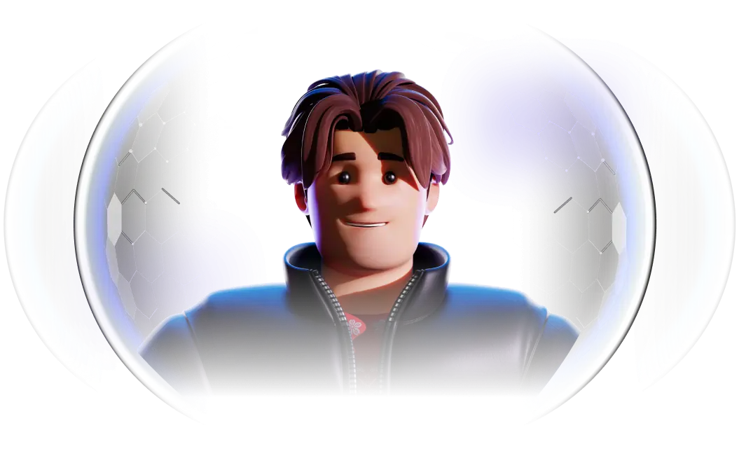 3D animated young man with brown hair wearing a black jacket with a hexagonal patterned sphere behind him.