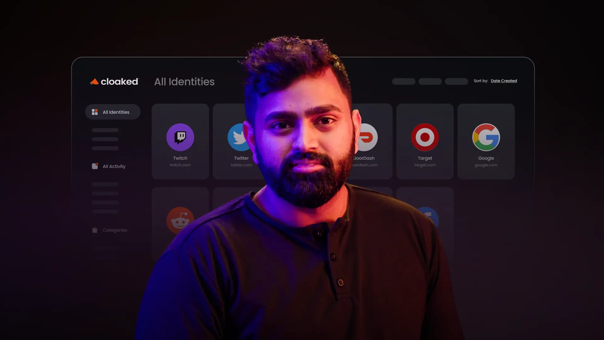 Man with beard and dark shirt in front of a digital screen showing various social media icons including Twitch, Twitter, DoorDash, Target, and Google.
