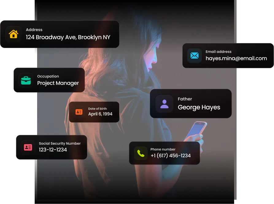 Woman looking at her phone with floating personal data labels showing address, occupation, date of birth, social security number, email, father, and phone number.