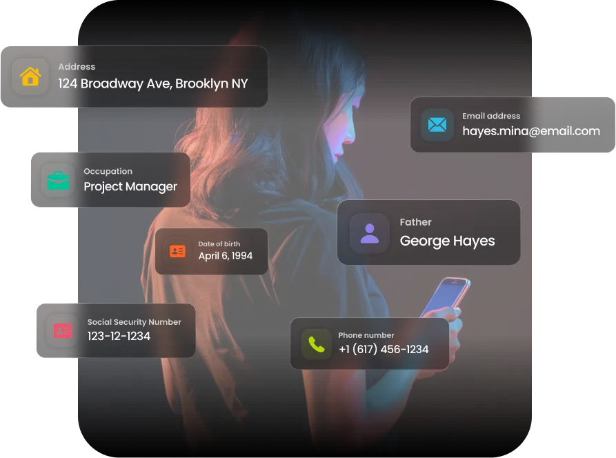 Young woman holding a smartphone with overlay text showing personal information including address, occupation, date of birth, social security number, phone number, email, and father's name.