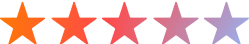 Five stars in a horizontal row with a color gradient from orange to purple.