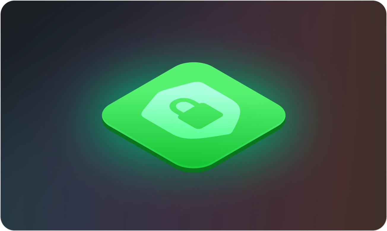 Glowing green app icon with a padlock symbol indicating security on a dark background.