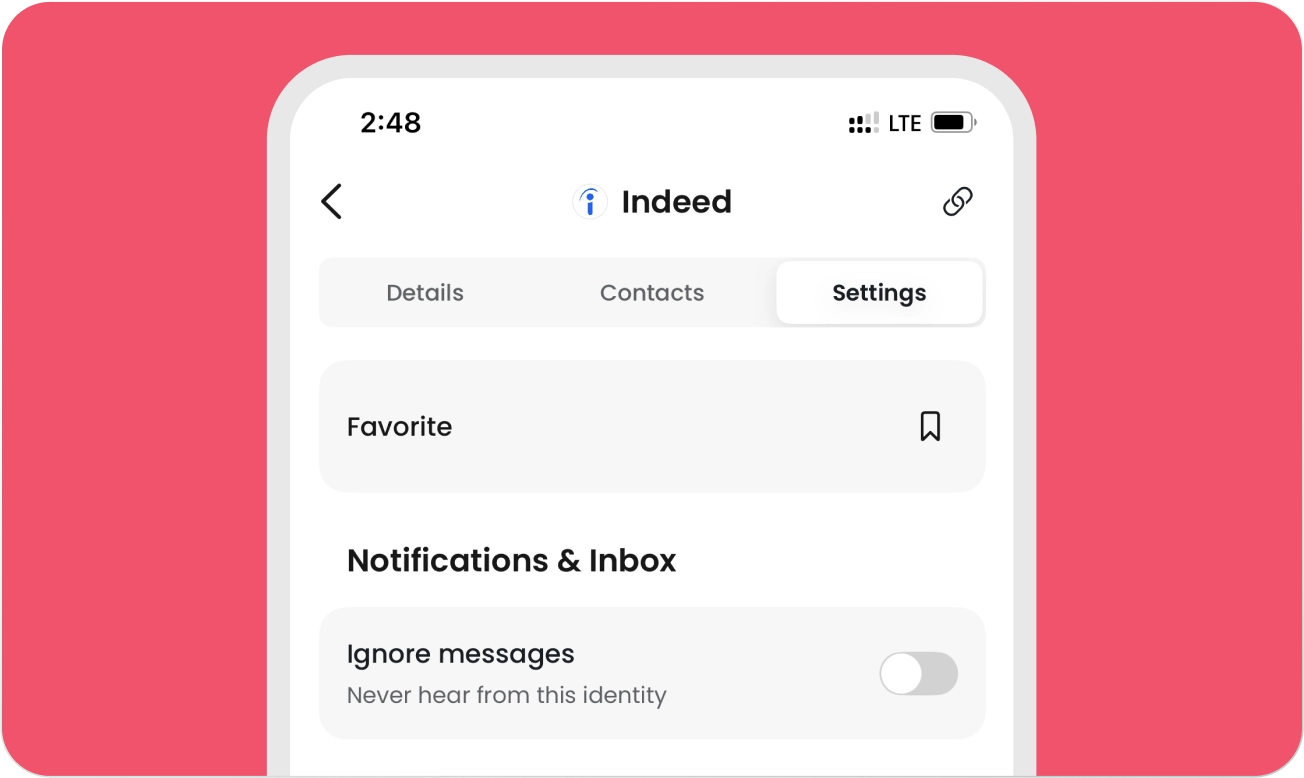 Mobile screen showing Indeed app settings with options for Favorite and ignoring messages toggle under Notifications & Inbox.