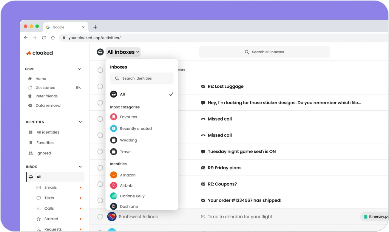 Email interface showing inbox filter dropdown with categories like Favorites, Recently created, Wedding, Travel, and identities such as Amazon, Airbnb, Corinne Kelly, Dashlane, and Southwest Airlines.