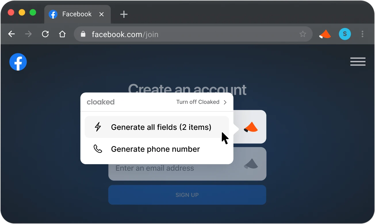 Browser window on facebook.com join page showing a Cloaked extension popup with options to generate all fields or generate phone number.
