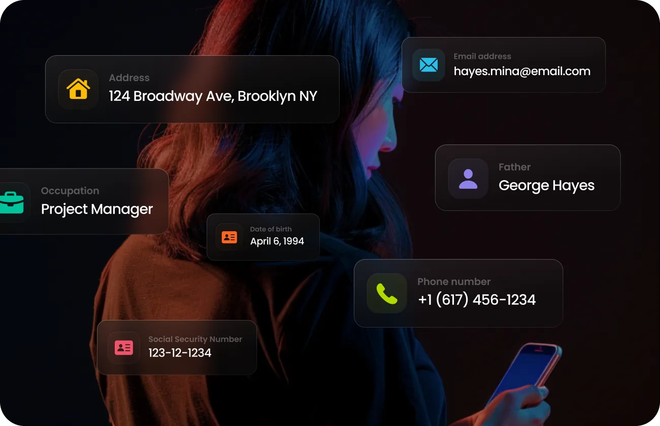 Profile of a woman holding a phone with personal information overlays including address, email, occupation, date of birth, social security number, father's name, and phone number.