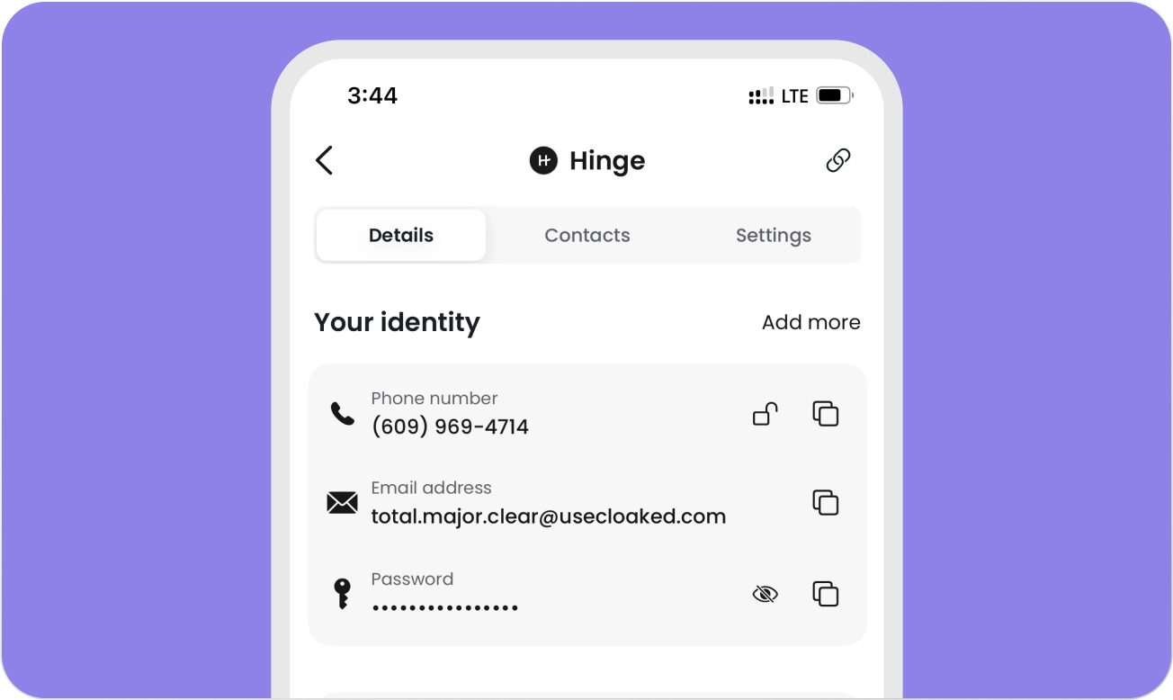 Mobile screen showing Hinge app identity details with phone number, email address, and hidden password on a purple background.