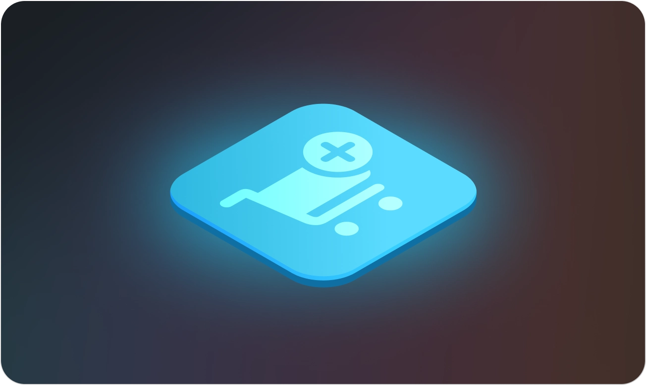 Blue glowing app icon with a shopping cart and an X symbol, indicating removal or canceling.