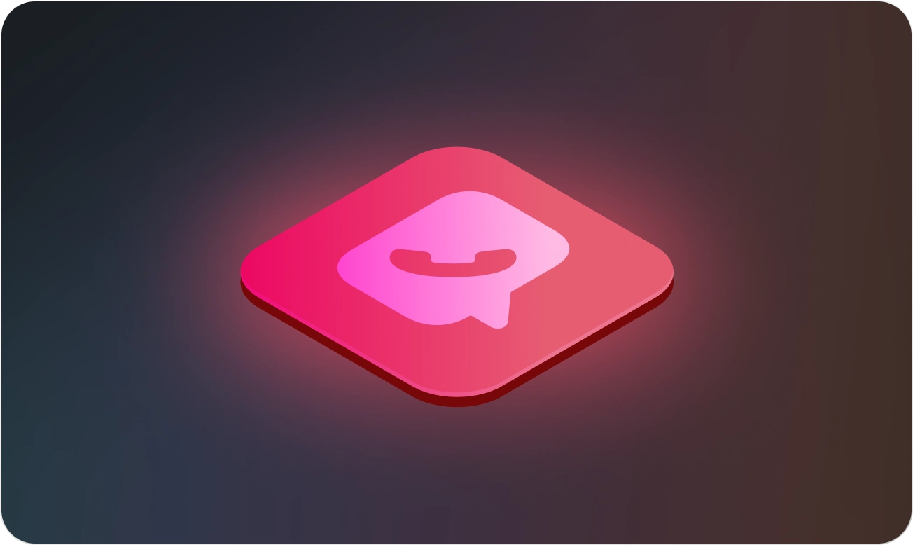 Glowing red and pink chat bubble icon with a phone handset inside on a dark gradient background.