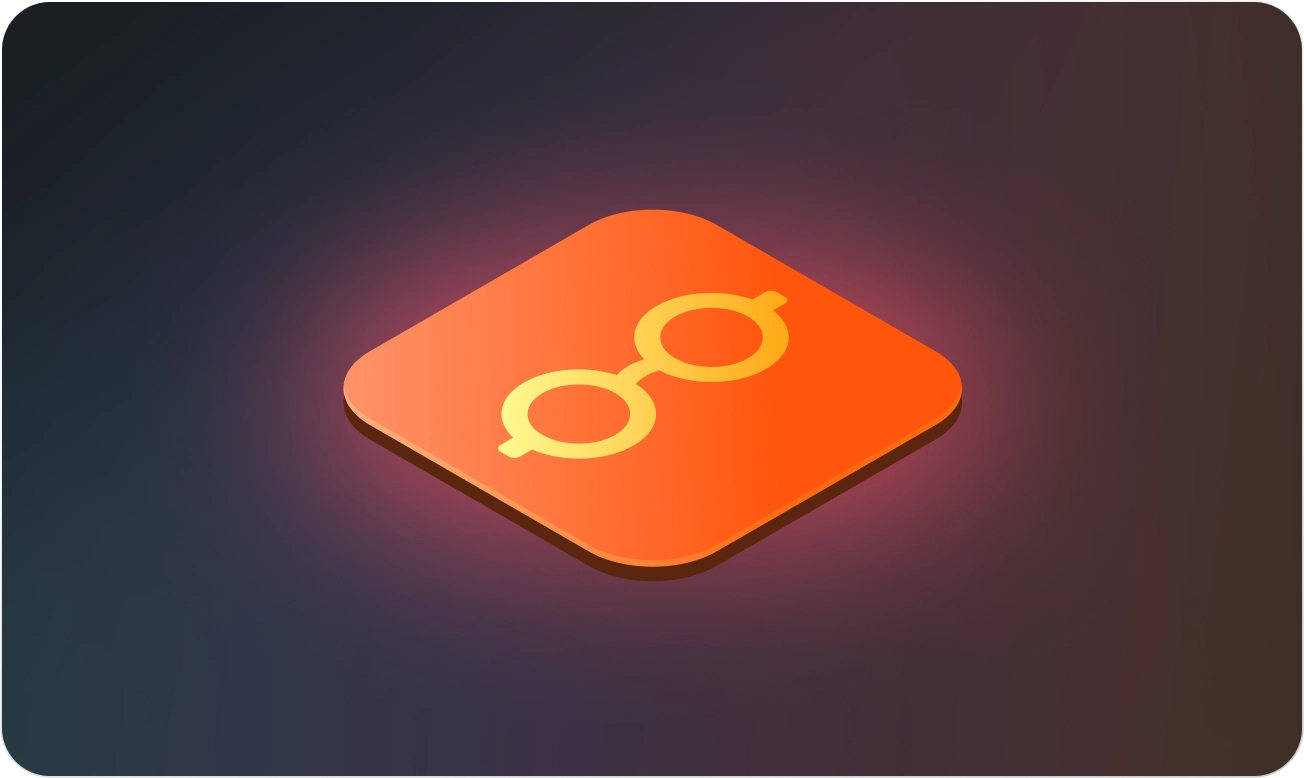 3D orange square icon with rounded edges displaying a yellow eyeglasses symbol.