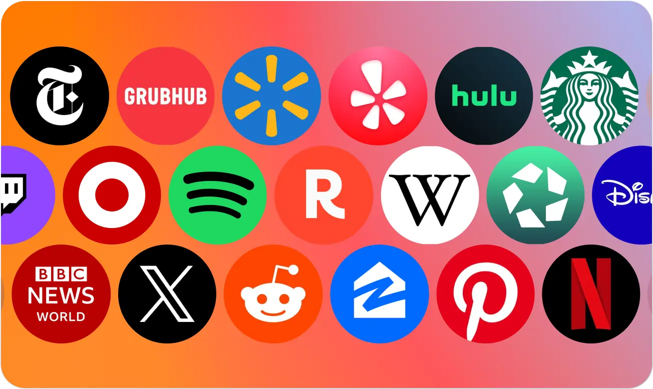 Grid of popular brand logos including The New York Times, Grubhub, Walmart, Yelp, Hulu, Starbucks, Twitch, Target, Spotify, Reddit, Disney, Netflix, BBC News World, X, Zillow, Pinterest, and Wikipedia on a gradient background.