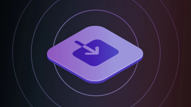 Purple 3D diamond-shaped icon with a downward-right arrow in the center, set against a dark background with concentric circles.