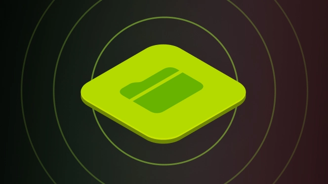 Green credit card icon on a rounded square button with concentric circular lines on a dark background.