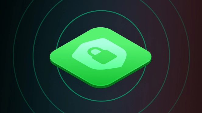 Green 3D icon with a lock symbol inside a shield, surrounded by concentric circles on a dark background.