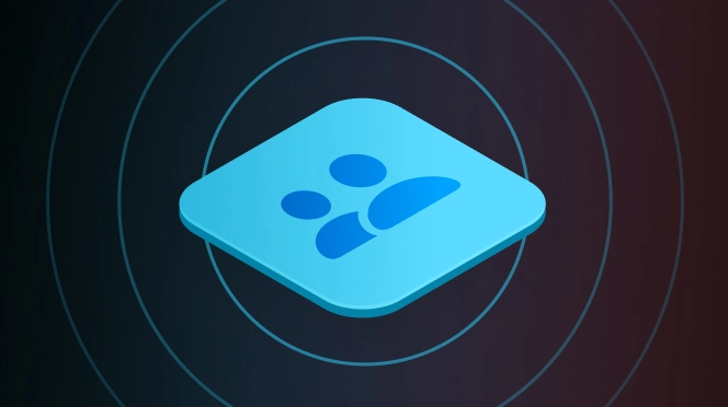 Blue 3D square icon with stylized human figures on a dark background with concentric circles.