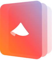 Three overlapping cards in gradient shades of red, orange, and purple with a white abstract shape on the top card.