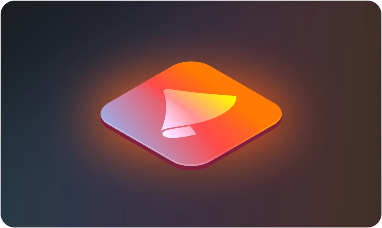 Glowing orange and pink rounded square icon with a stylized white megaphone symbol in the center on a dark background.