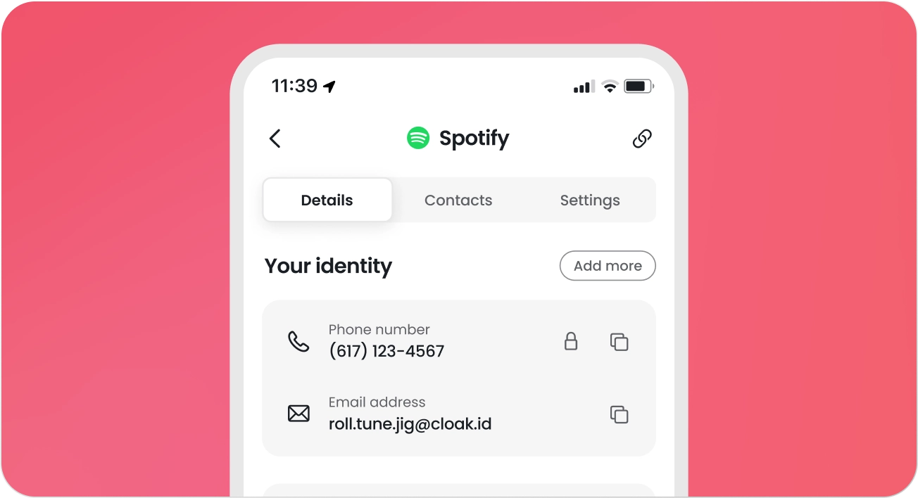 Spotify identity settings screen showing a phone number and email address with options to lock or copy the phone number and copy the email address.