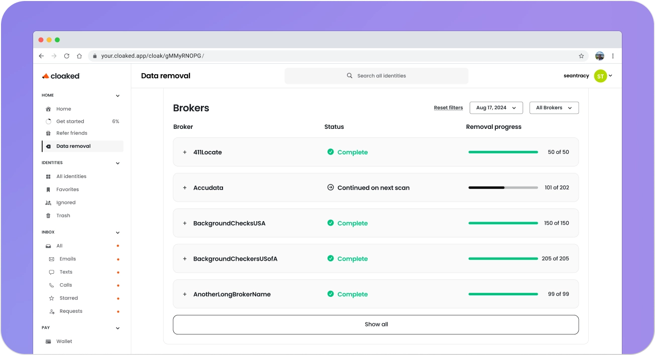 Web app interface showing data removal progress for brokers with status and progress bars.