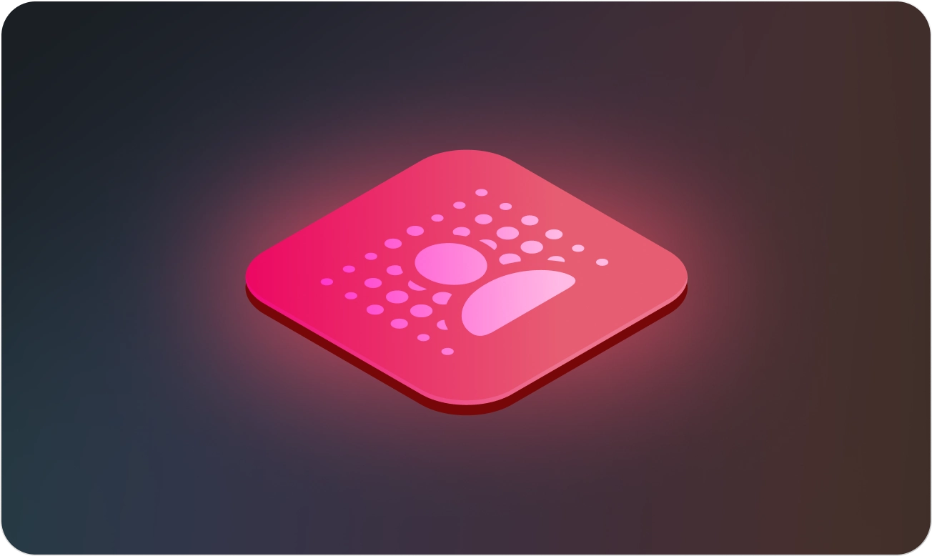 Glowing pink square icon with rounded corners featuring a stylized person and surrounding dots on a dark gradient background.