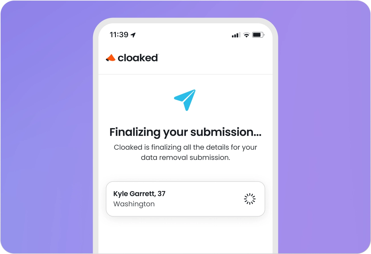 Mobile screen showing Cloaked app finalizing a data removal submission for Kyle Garrett, 37, Washington, with a loading spinner.
