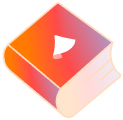 Stylized logo of an orange and pink gradient book with a white bookmark or page tab.