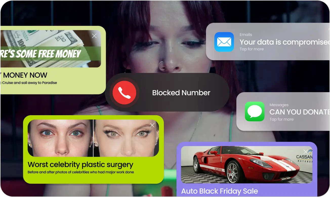Woman looking down surrounded by multiple intrusive pop-up ads and notifications including fake money offer, blocked call, data compromise email, donation request message, celebrity plastic surgery before and after images, and a car sale ad.