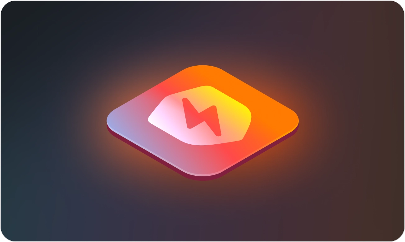 Glowing orange and pink shield icon with a lightning bolt symbol in the center on a dark gradient background.