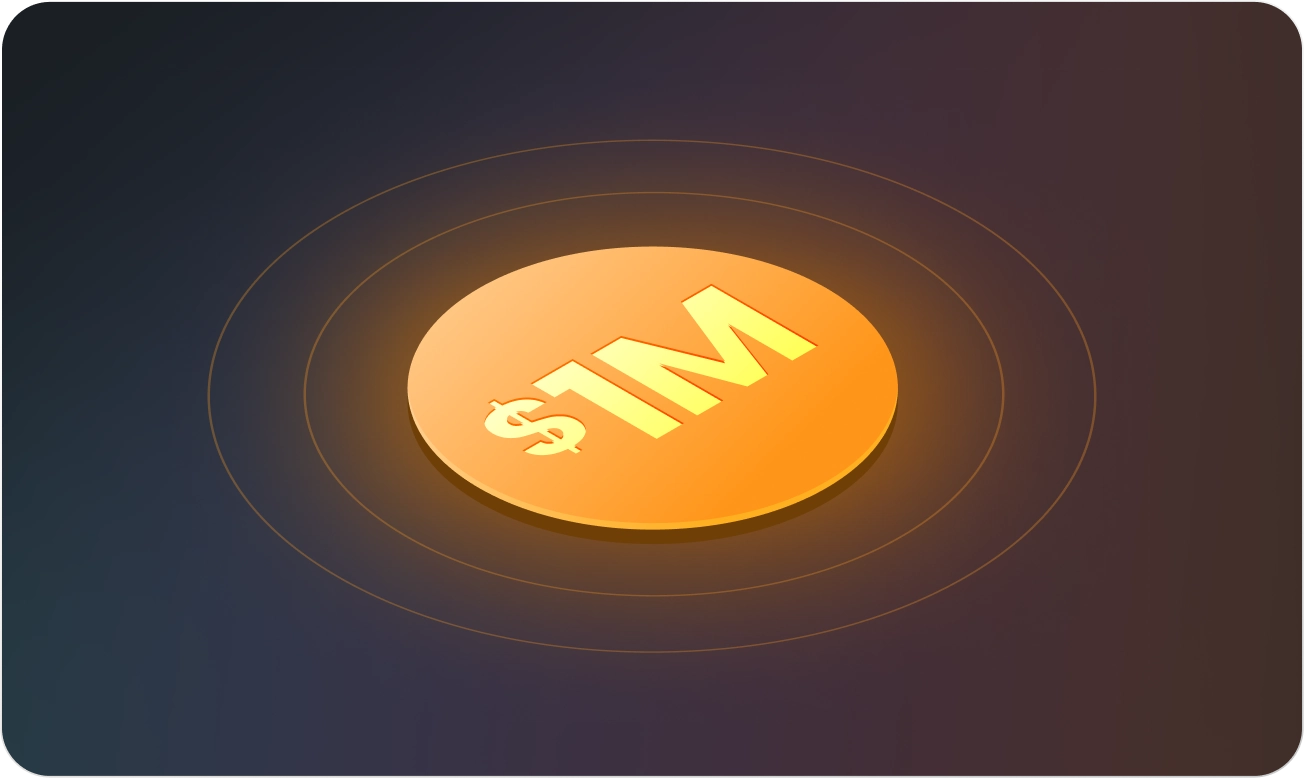 Orange coin with glowing $1M text at the center on a dark background with concentric circles.