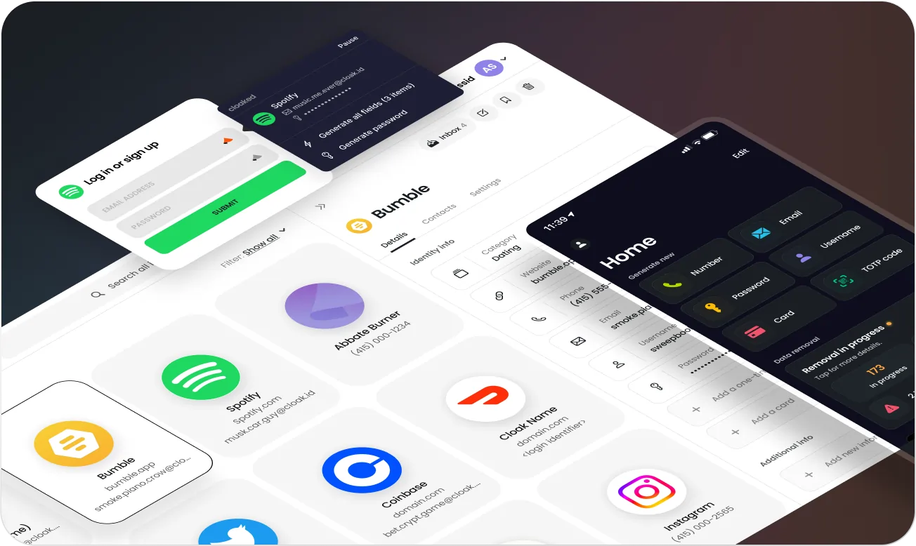 User interface showcasing a dashboard with app icons including Spotify, Bumble, Instagram, and Coinbase, alongside login forms and password management features.