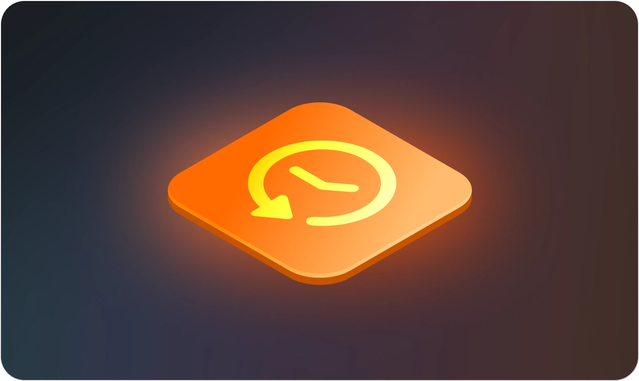 Glowing orange square icon with a clock and backward arrow symbolizing history or restore function.
