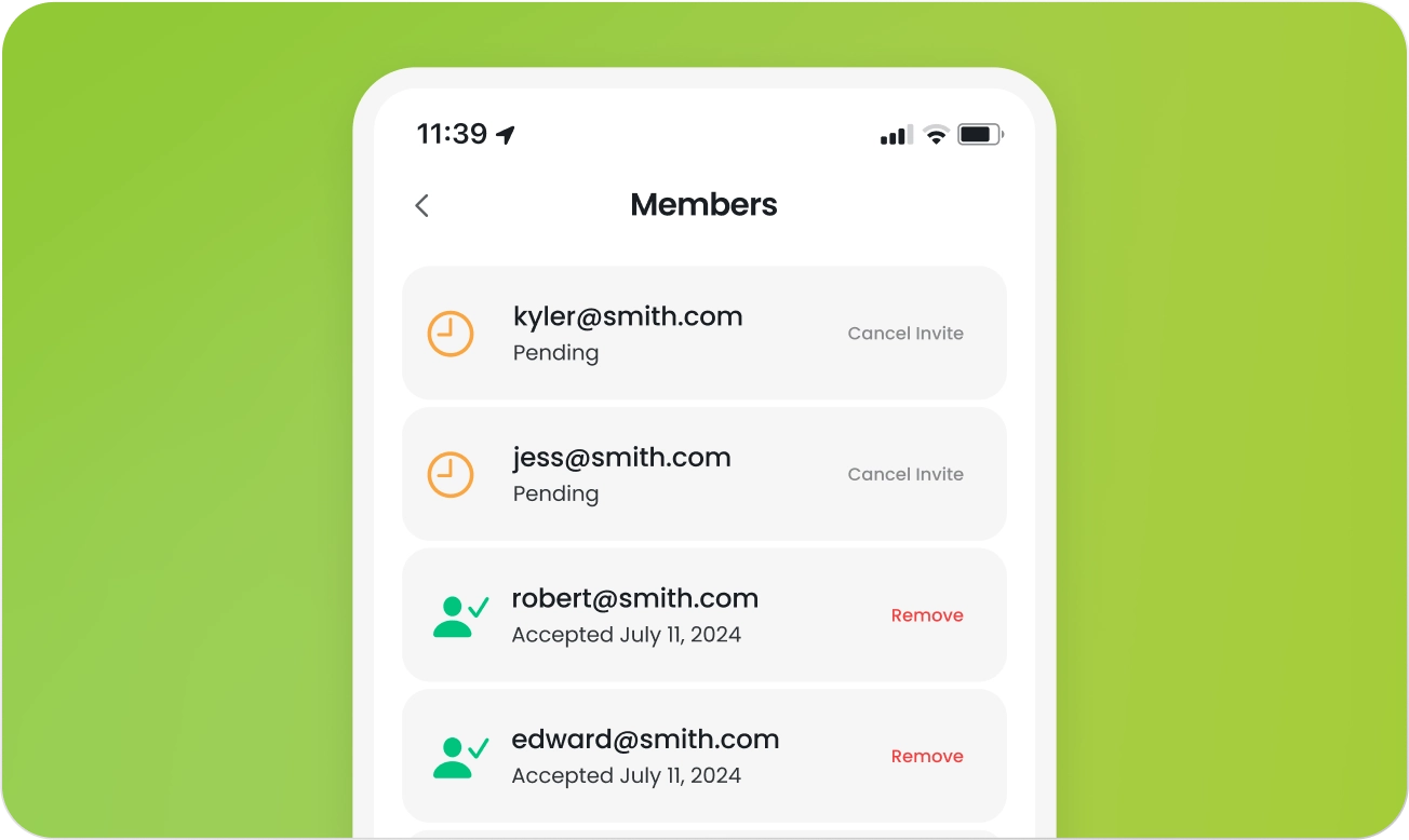 Mobile screen showing a Members list with two pending invites and two accepted members with options to cancel or remove.