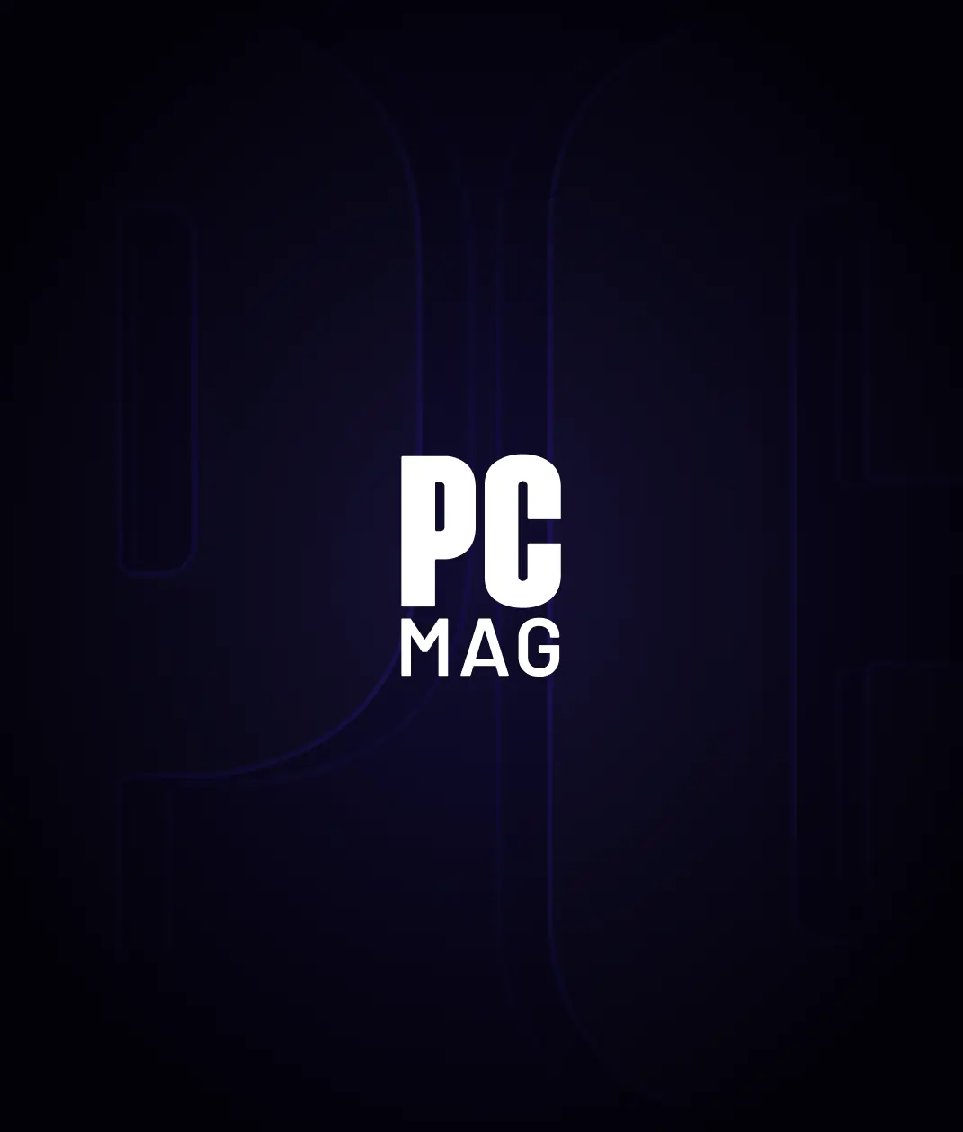 White PC MAG logo on a dark background with faint outlines of the letters PC.