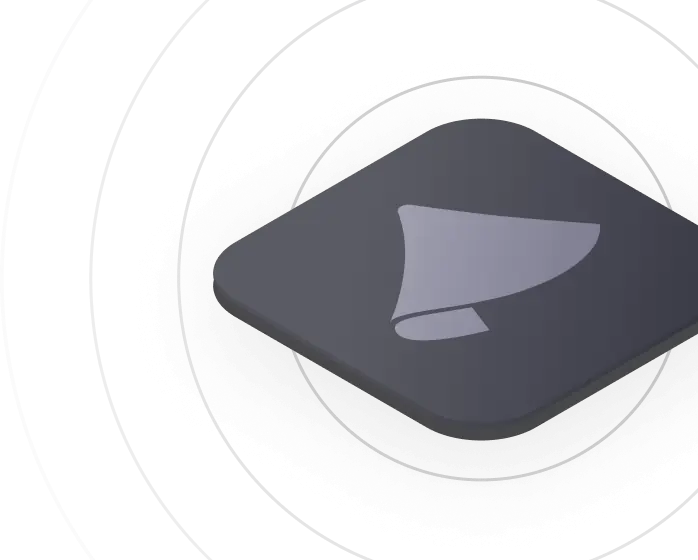 Dark gray rounded square icon with a stylized white paper plane in the center, surrounded by concentric gray rings.