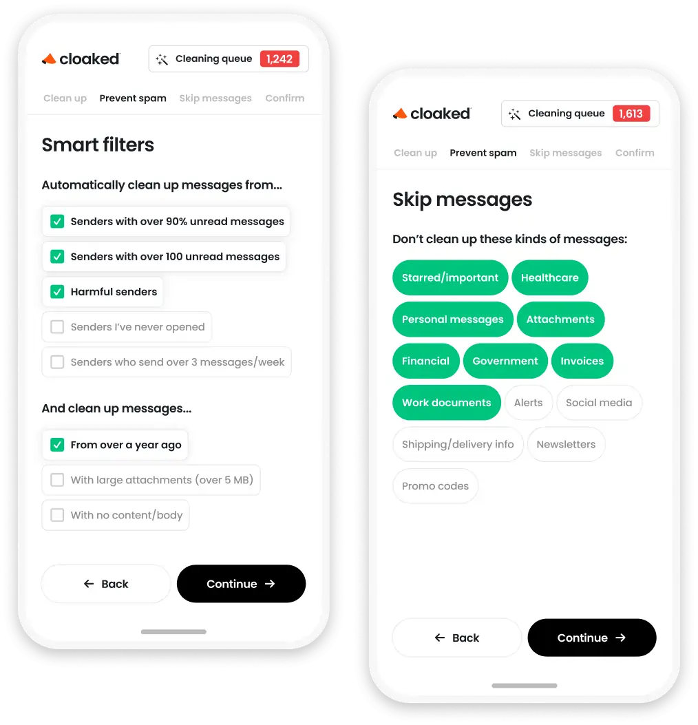 Two phone screens showing Cloaked app interface with smart filters to automatically clean spam messages and options to skip cleaning important message types.