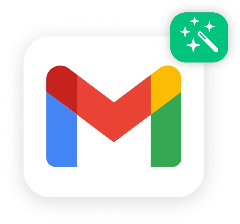 Google Gmail app icon with a green magic wand overlay in the top right corner.