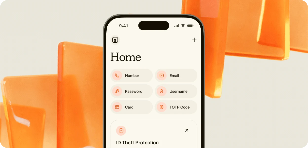 Smartphone screen showing an app home page with icons for Number, Email, Password, Username, Card, and TOTP Code, and a section for ID Theft Protection, against a background of translucent orange chairs.
