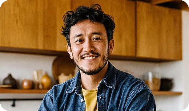 Smiling man with curly hair and a beard wearing a denim jacket in a kitchen.
