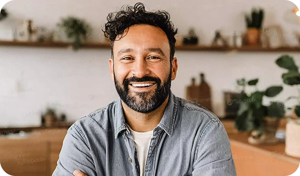 Smiling man with curly hair and beard wearing a denim shirt in a cozy kitchen setting.