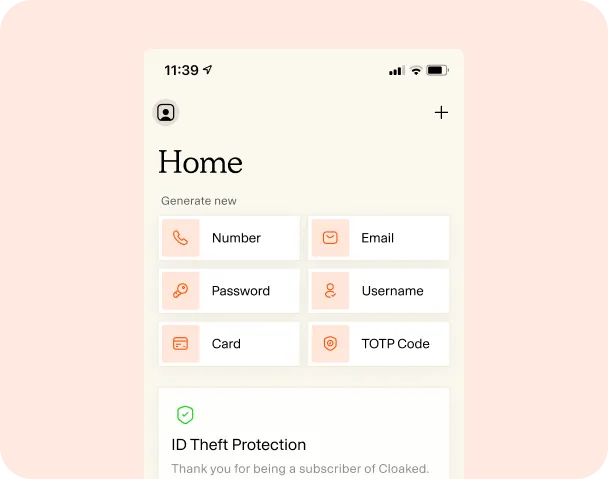 Mobile app screen titled Home with options to generate Number, Email, Password, Username, Card, and TOTP Code, and a section for ID Theft Protection.