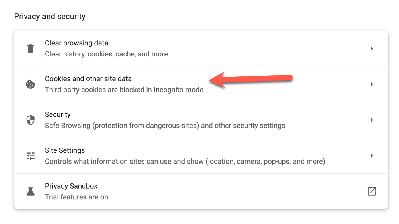 Image of the chrome browser menu listing cookie and security setting options